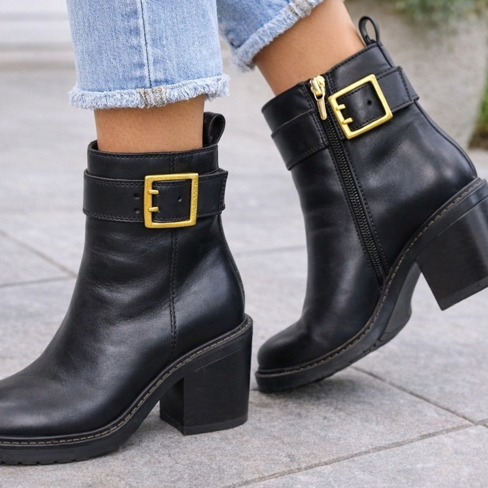 Vince Camuto Black Leather Moto Ankle Boots Gold Buckle Block Heel Square Toe